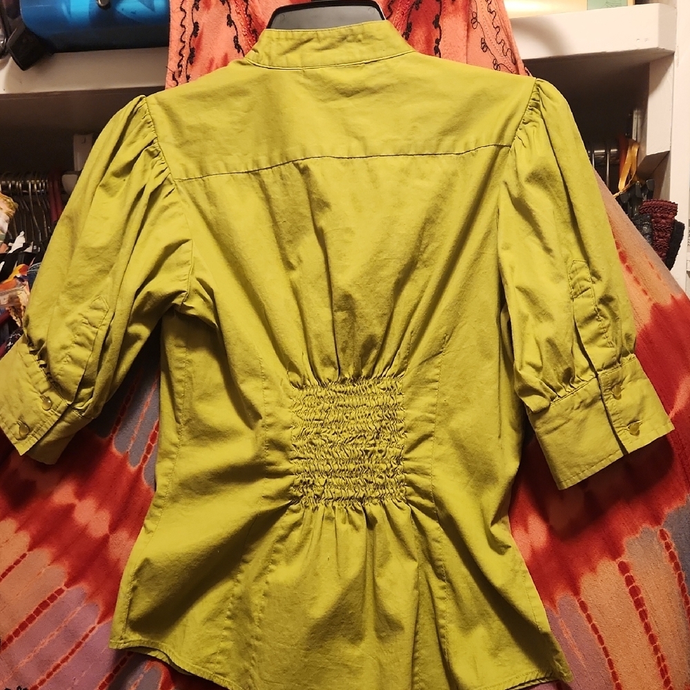 Feathers Yellow Green 3/4 Sleeve Fitted Blouse with Mandarin Collar - Picture 2 of 3